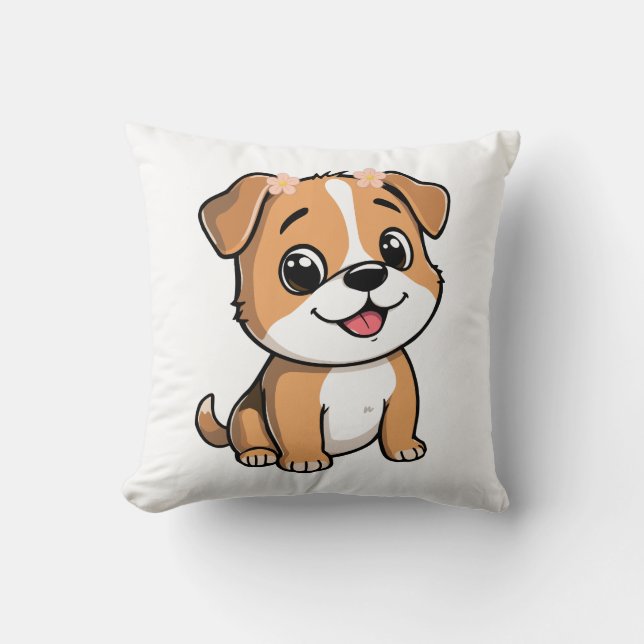 Cute Floral Puppy Throw Pillow – Soft Pink flower Kussen (Voorkant)