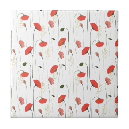 Cute Floral Red Poppy Pattern Ceramic Tile Tegeltje (Voorkant)