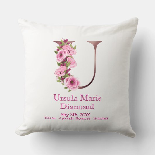 Cute Floral Roos Gold U Monogram Birth Stats Kussen (Voorkant)