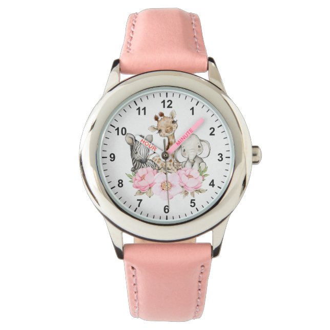 Cute Floral Safari Oerwoud Animals Girl's First Horloge (Voorkant)