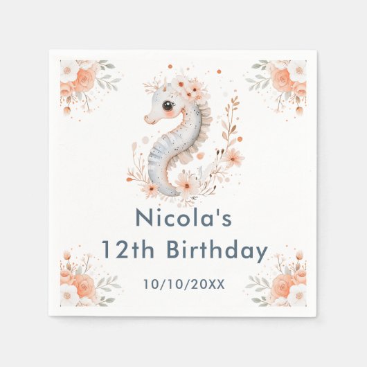 Cute Floral Seahorse Birthday Party Servet (Voorkant)
