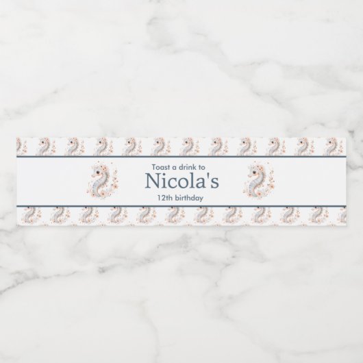 Cute Floral Seahorse Birthday Party Waterfles Etiket (Enkel label)