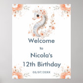 Cute Floral Seahorse Birthday Party Welcome Poster (Voorkant)