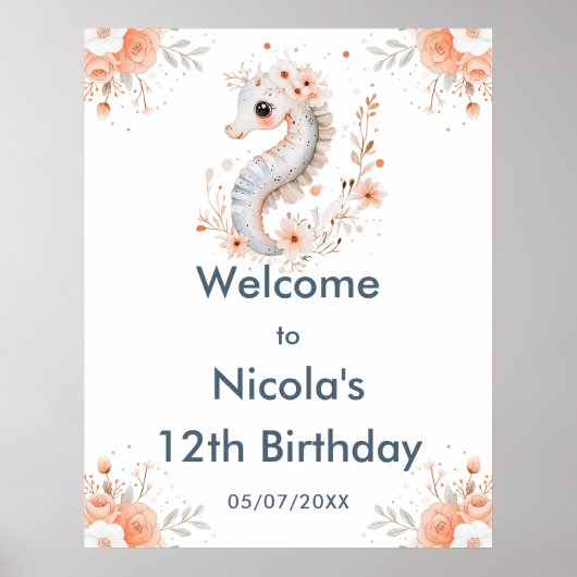 Cute Floral Seahorse Birthday Party Welcome Poster (Voorkant)