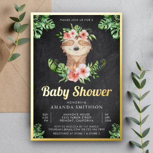 Cute Floral Sloth Girl Chalkboard Baby shower Gold Folie Uitnodiging