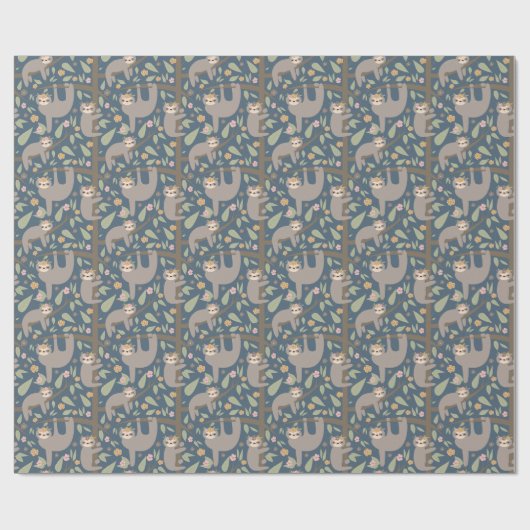 Cute Floral Sloth Pattern Cadeaupapier (Vlak)