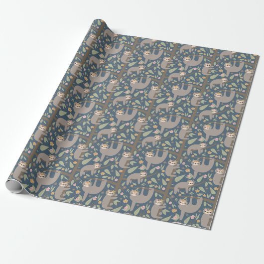 Cute Floral Sloth Pattern Cadeaupapier (Uitgerold)
