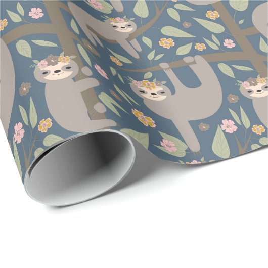 Cute Floral Sloth Pattern Cadeaupapier (Rol Hoek)