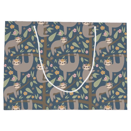 Cute Floral Sloth Pattern Groot Cadeauzakje (Achterkant)