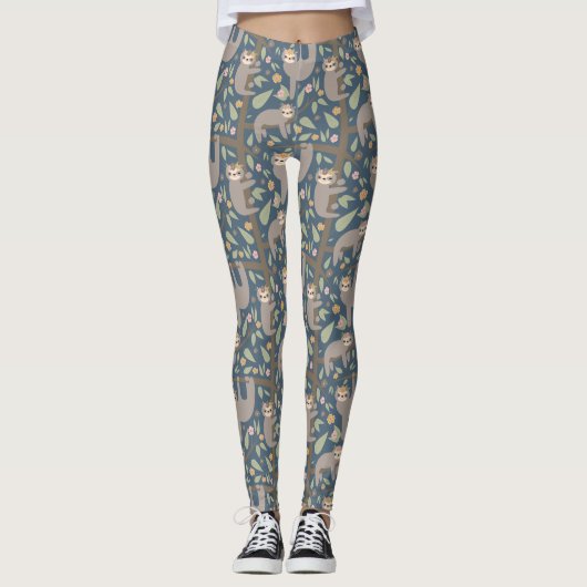 Cute Floral Sloth Pattern Leggings (Voorkant)