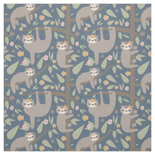 Cute Floral Sloth Pattern Stof (Swatch)