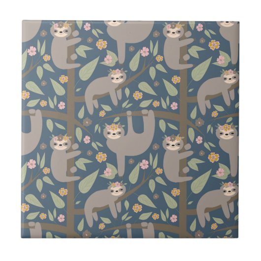 Cute Floral Sloth Pattern Tegeltje (Voorkant)