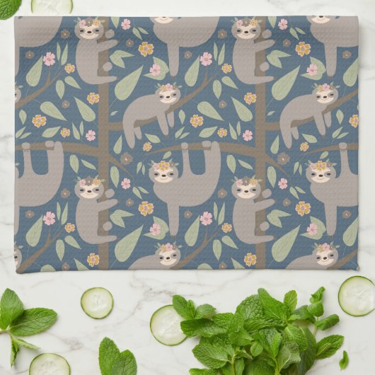 Cute Floral Sloth Pattern Theedoek (Gevouwen)