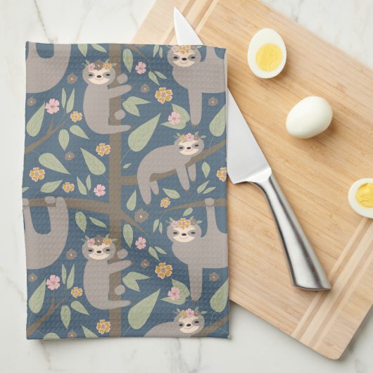 Cute Floral Sloth Pattern Theedoek (Quarter Fold)