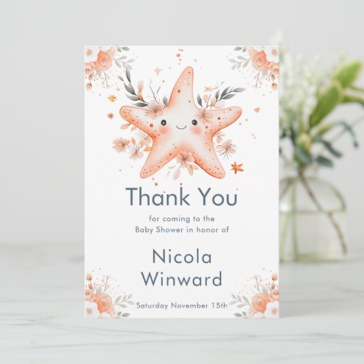 Cute Floral Starfish Baby Shower Bedankkaart (Staand voorkant)