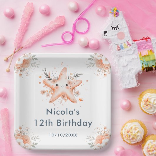 Cute Floral Starfish Birthday Party Papieren Bordje (Feest)