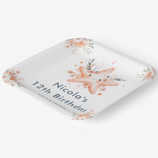 Cute Floral Starfish Birthday Party Papieren Bordje (Gebogen)