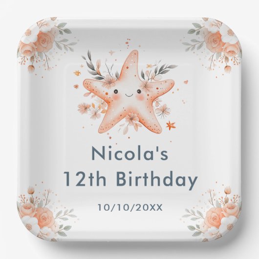Cute Floral Starfish Birthday Party Papieren Bordje (Voorkant)