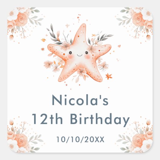 Cute Floral Starfish Birthday Party Vierkante Sticker (Voorkant)