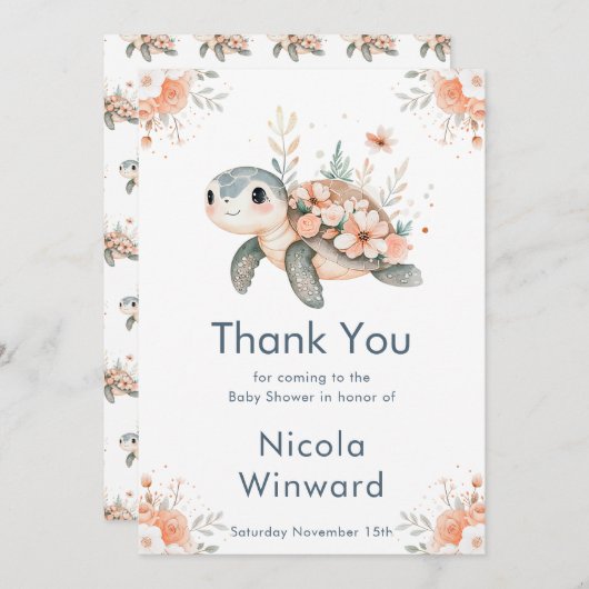Cute Floral Turtle Baby Shower Bedankkaart (Voorkant / Achterkant)
