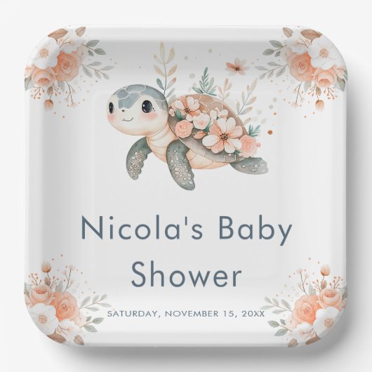 Cute Floral Turtle Baby Shower Papieren Bordje (Voorkant)