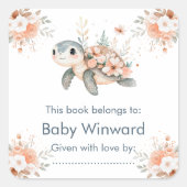 Cute Floral Turtle Baby Shower Vierkante Sticker (Voorkant)