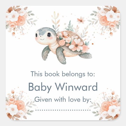 Cute Floral Turtle Baby Shower Vierkante Sticker (Voorkant)