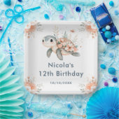 Cute Floral Turtle Birthday Party Papieren Bordje (Feest)