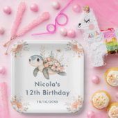 Cute Floral Turtle Birthday Party Papieren Bordje (Feest)