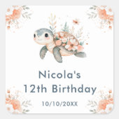 Cute Floral Turtle Birthday Party Vierkante Sticker (Voorkant)