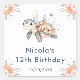 Cute Floral Turtle Birthday Party Vierkante Sticker