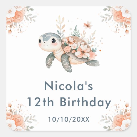 Cute Floral Turtle Birthday Party Vierkante Sticker (Voorkant)