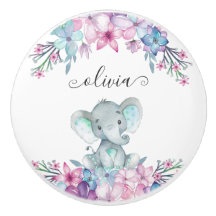 Cute Floral Waterverf Baby Elephant Name Monogram