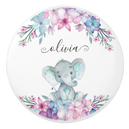 Cute Floral Waterverf Baby Elephant Name Monogram Keramische Knop