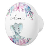 Cute Floral Waterverf Baby Elephant Name Monogram Keramische Knop (Rechts)