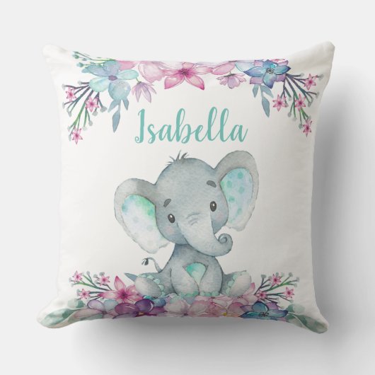 Cute Floral Waterverf Baby Elephant Sierkussen (Voorkant)