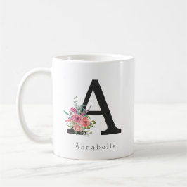 Cute Floral Waterverf Boho Pink Rose Monogram Koffiemok