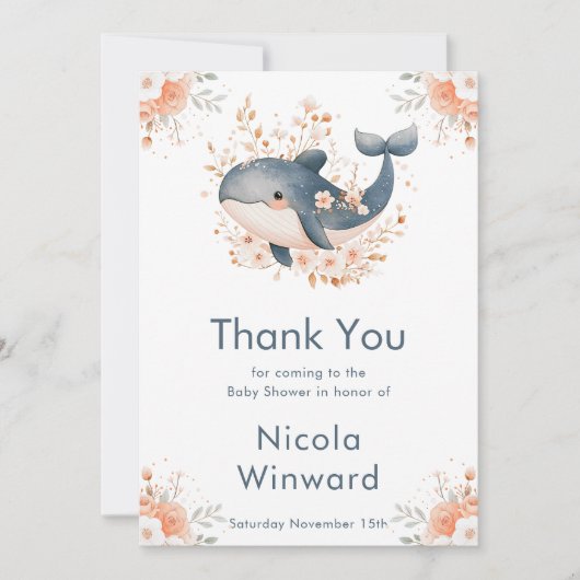 Cute Floral Whale Baby Shower  Bedankkaart (Voorkant)