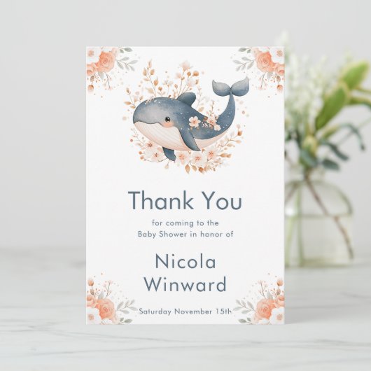 Cute Floral Whale Baby Shower Bedankkaart (Staand voorkant)