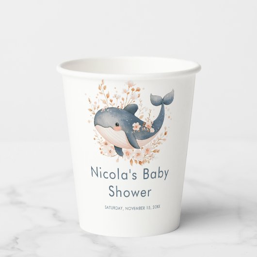 Cute Floral Whale Baby Shower Papieren Bekers (Achterkant)