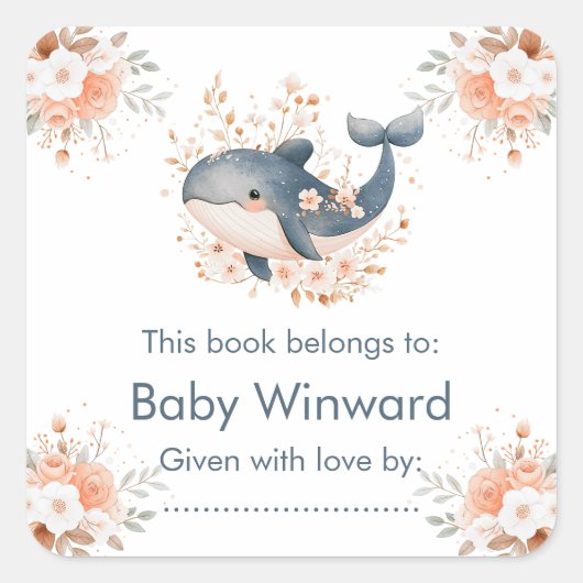Cute Floral Whale Baby Shower  Vierkante Sticker (Voorkant)