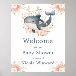 Cute Floral Whale Baby Shower  Welcome Poster