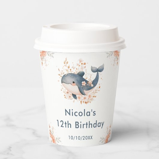 Cute Floral Whale Birthday Party Papieren Bekers (Achterkant)