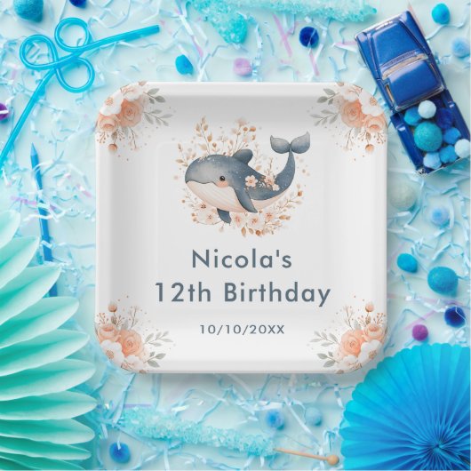 Cute Floral Whale Birthday Party Papieren Bordje (Feest)