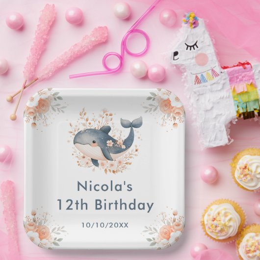 Cute Floral Whale Birthday Party Papieren Bordje (Feest)