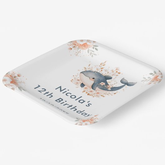 Cute Floral Whale Birthday Party Papieren Bordje (Gebogen)