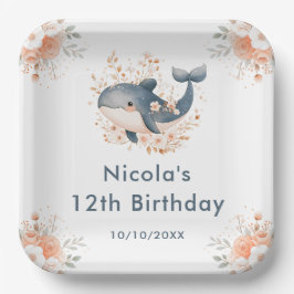 Cute Floral Whale Birthday Party Papieren Bordje
