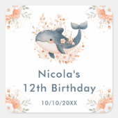 Cute Floral Whale Birthday Party Vierkante Sticker (Voorkant)