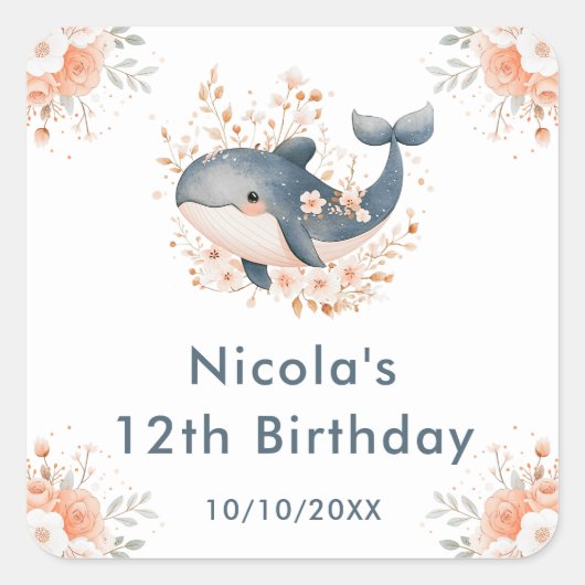 Cute Floral Whale Birthday Party Vierkante Sticker (Voorkant)