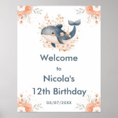 Cute Floral Whale Birthday Party Welcome Poster (Voorkant)